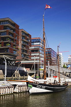 Historical sail boat in the harbor for traditional sail boats, Sandtorhafen, Hafencity Harbor City, Hamburg, Germany, Europe