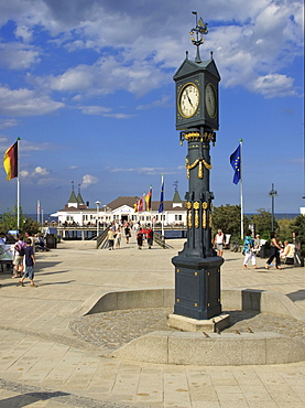 Square at the pier in the seaside resort of Ahlbeck with historical clock, Usedom Island, Mecklenburg-Western Pomerania, Germany, Europe