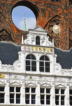 Detail of the Renaissance facade of the town hall in Luebeck, Schleswig-Holstein, Germany, Europe