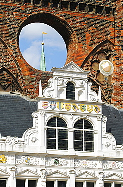 Detail of the renaissance facade of the town hall in Luebeck, Schleswig-Holstein, Germany, Europe