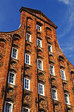 Historical residential house with typical gable in the historic center, Luebeck, Schleswig-Holstein, Germany, Europe