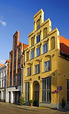 Historical residential houses with typical stepped gables in the historic center of Luebeck, Schleswig-Holstein, Germany, Europe