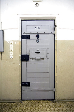 Locked cell door, new building, Berlin-Hohenschoenhausen memorial, former prison of the GDR's secret service, Berlin, Germany, Europe