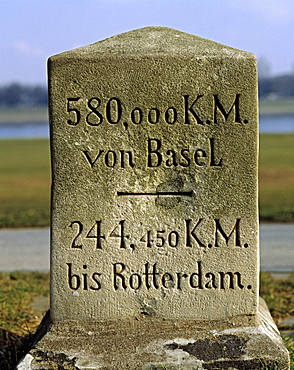 Myriameter stone, shows the length of the Rhine river, on Rhine Dyke at Duesseldorf-Loerick, North Rhine-Westphalia, Germany, Europe