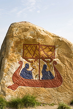 Inscription and a Viking boat on a rune stone, at the Viking Museum in Bork on Ringkoebing Fjord, West Jutland, Denmark, Europe