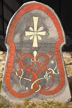 Christion symbols on a rune stone, at the Viking Museum in Bork on Ringkoebing Fjord, West Jutland, Denmark, Europe