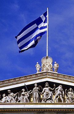 Greek ensign on the Academy of Art gabel, Athens, Greece, Europe