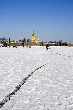 Frozen Neva River at wintertime, St. Petersburg, Russia