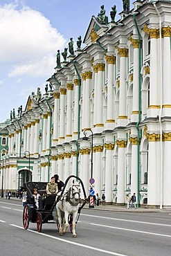 Tourists in a old carriage near Hermitage, St. Petersburg, Russia