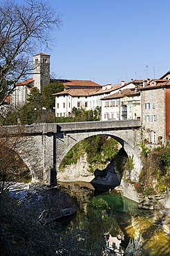 Church San Francesco with the bridge of the devil, Ponte del Diavolo above the river Natisone, Cividale, Friuli-Venezia Giulia, Italy, Europe