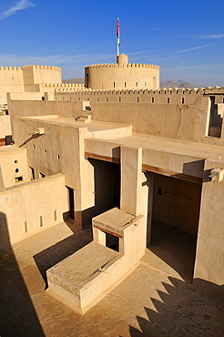 Historic adobe fortification Rustaq Fort or Castle, Hajar al Gharbi Mountains, Batinah Region, Sultanate of Oman, Arabia, Middle East