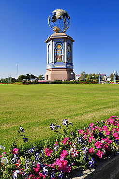 Roundabout beautification with tower and globe, Sohar, Batinah Region, Sultanate of Oman, Arabia, Middle East