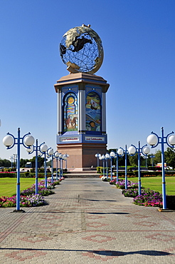 Roundabout beautification with tower and globe, Sohar, Batinah Region, Sultanate of Oman, Arabia, Middle East