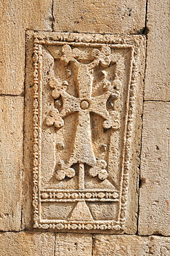 Historic Armenian cross-stone, khachkar, at Geghard monastery near Garni, UNESCO World Heritage Site, Kotayk region, Armenia, Asia