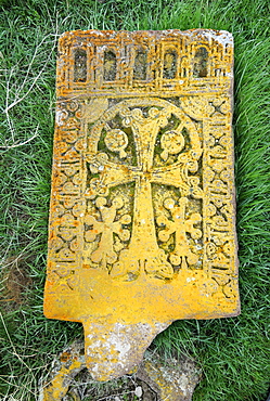 Traditional historic Armenian cross-stone, khachkar, Noratuz cemetery at Sevan Lake, Armenia, Asia