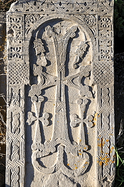 Historic Armenian cross-stone, khachkar, at Vorotnavank monastery, Vorotan Valley, Armenia, Asia