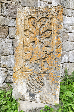 Traditional Armenian cross-stone, khachkar, at Tatev Monastery near Goris, Armenia, Asia