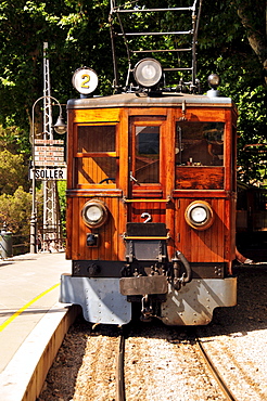 The "Red Flash" railway from 1912, in the station of Soller, Majorca, Balearic Islands, Spain, Europe