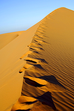 Blown over foot prints on sand ridge of a desert dune, Ubari Sand Sea, Sahara desert, Libya, Africa