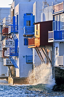 House facades at the ocean, colored wooden balconies "Little Venice", Mykonos, Cyclades, Greece, Europe