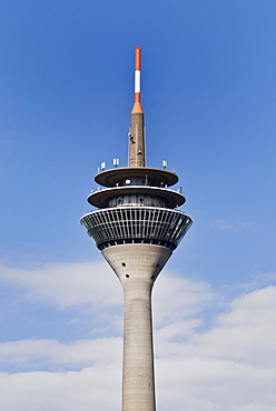 Rheinturm tower, restaurant, viewing platform and antennas on the tower, Duesseldorf, North Rhine-Westphalia, Germany, Europe