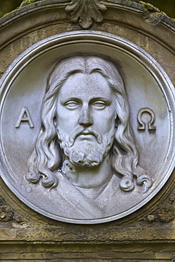 Christ in stone relief on a gravestone, Old Cemetery, Bonn, North Rhine-Westphalia, Germany, Europe