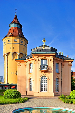 Water tower with Pagodenburg garden palace, Rastatt, Black Forest, Baden-Wuerttemberg, Germany, Europe