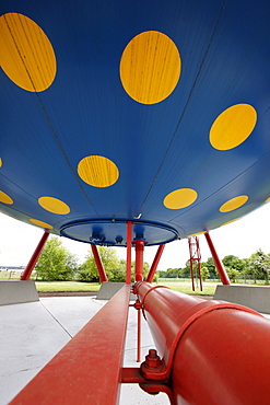 Artistically designed spherical container for the intermediate storage of natural gas during gas usage peak times, ELE, Emscher-Lippe-Energy, regional energy provider in the Ruhr Area, Gelsenkirchen, North Rhine-Westphalia, Germany, Europe