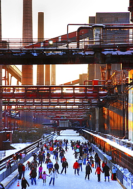 Skating rink at coking plant Zollverein, UNESCO World Cultural Heritage Site Zeche Zollverein, Essen, North Rhine-Westphalia, Germany, Europe