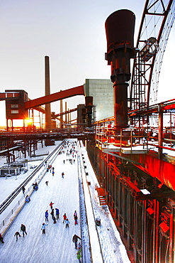 Skating rink at coking plant Zollverein, UNESCO World Cultural Heritage Site Zeche Zollverein, Essen, North Rhine-Westphalia, Germany, Europe