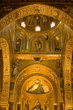 Gold mosaics in dome of Palantine Chapel, Norman Palace, Palermo, Sicily, Italy, Europe