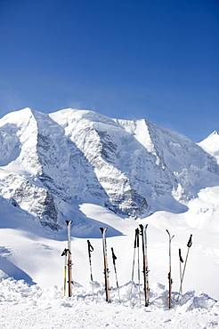 Skis, ski poles, St. Moritz, Grisons, Switzerland, Europe