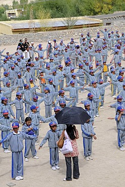 Morning report in the Indian school system at a school in Lamdon, Leh, Jammu and Kashmir, India, Himalayas, Asia