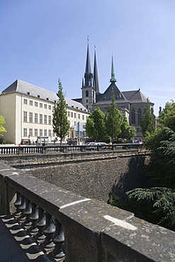 View of the Notre-Dame Cathedral and National Library building from the Place de la Constitution, Luxembourg