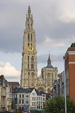 Onze-Lieve-Vrouwekathedraal, Cathedral of Our Lady from Noorderterras-Zuiderterras riverside promenade, Wandelterras Zuid, Antwerp, Belgium