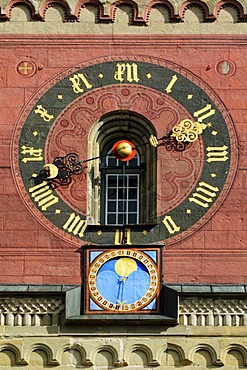 Clockface and lunar calendar on the bell tower of the Church of St. Michael, Schwaebisch Hall, Schwaebisch Hall district, Baden-Wuerttemberg, Germany, Europe