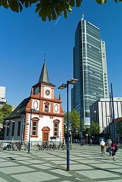 French Reformed Church, City Tower at back, Offenbach am Main, Hesse, Germany, Europe