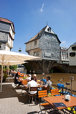 Old bridge across Nahe River with bridge houses, Bad Kreuznach, Rhineland-Palatinate, Germany, Europe