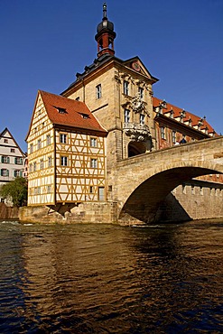 Old town hall with upper bridge over the Regnitz river, Bamberg, Upper Franconia, Bavaria, Germany, Europe