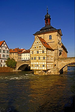 Old town hall with upper bridge in the Regnitz river, Bamberg, Upper Franconia, Bavaria, Germany, Europe