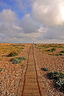 Old wooden tracks on the coast, leading to the gravel pit, Rye, county of Kent, England, Europe