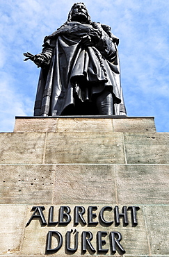 Albrecht Duerer monument against a blue sky, Nuremberg, Middle Franconia, Bavaria, Germany, Europe