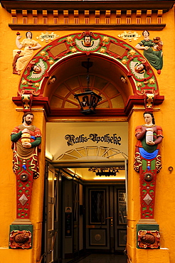 Colourful Renaissace entrance portal of the Raths-Apotheke pharmacy, Lueneburg, Lower Saxony, Germany, Europe