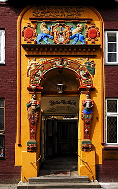 Colourful Renaissace entrance portal of the Raths-Apotheke pharmacy, detail, Lueneburg, Lower Saxony, Germany, Europe