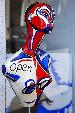 Painted figure in front of a gallery, Erlangen, Middle Franconia, Bavaria, Germany, Europe