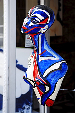 Painted figure in front of a gallery, Erlangen, Middle Franconia, Bavaria, Germany, Europe