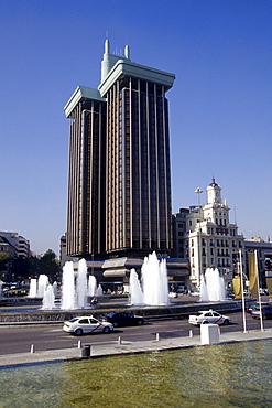 Twin towers, Torres de Colon, transport hub with a fountain at Plaza de Colon, Madrid, Spain, Europe