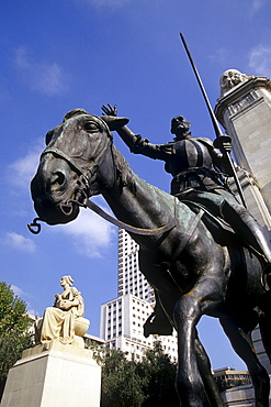 Monumento de Cervantes, Cervantes monument with a sculpture of Don Quixote on the Plaza de Espana, Madrid, Spain, Europe