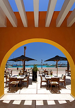 Open air restaurant, parasols, arch, marina, Hurghada, Egypt, Red Sea, Africa