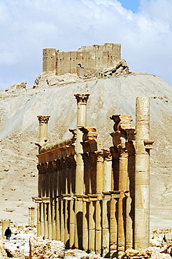 Ruins in the Palmyra archeological site, in the back castle Qala'at Ibn Ma'n, Tadmur, Syria, Asia